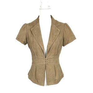 Laundry By Shelli Segal Women 6 Genuine Suede Blouse Fitted Puff Sleeve Boho